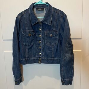 DASH by Kardashian Women's Blue Denim Jean Jacket Size L Cropped Trucker‎